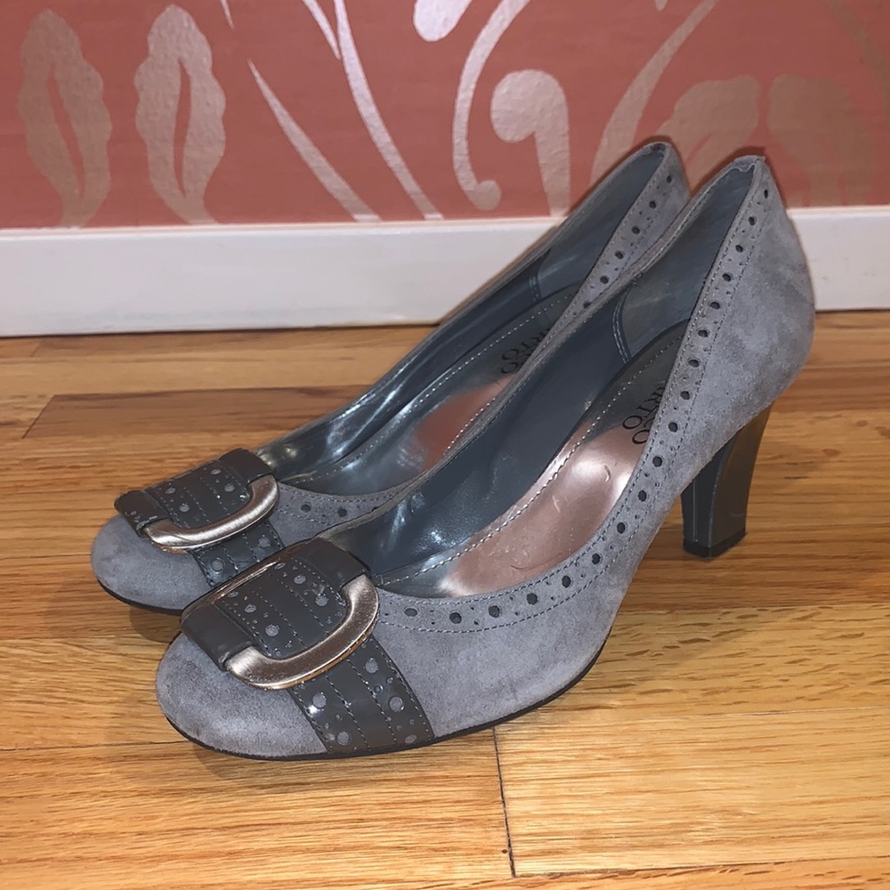 Grey Suede Modest Heel. Buckle on Both Toe Fronts.